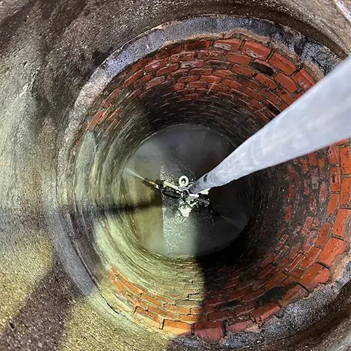 Rotierender Schleuderkopf der KS-ASS Compact beschichtet einen gemauerten Kanalschacht mit ERGELIT-Mörtel