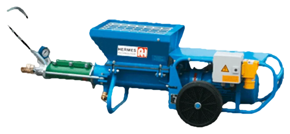 Kompakte Mörtelpumpe RH30S mit Fahrgestell, Trichter und Pumpenabgang mit Manometer