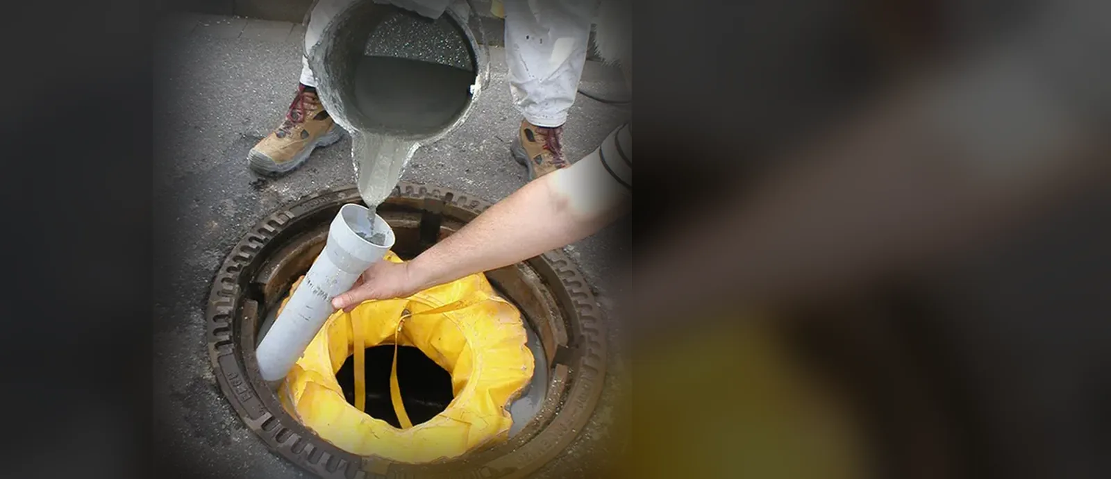 Vergussmörtel wird über den Einfülltrichter in die Schlauchschalung gegossen